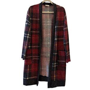Viamor Plaid Open Front Long Cardigan – Red & Black
